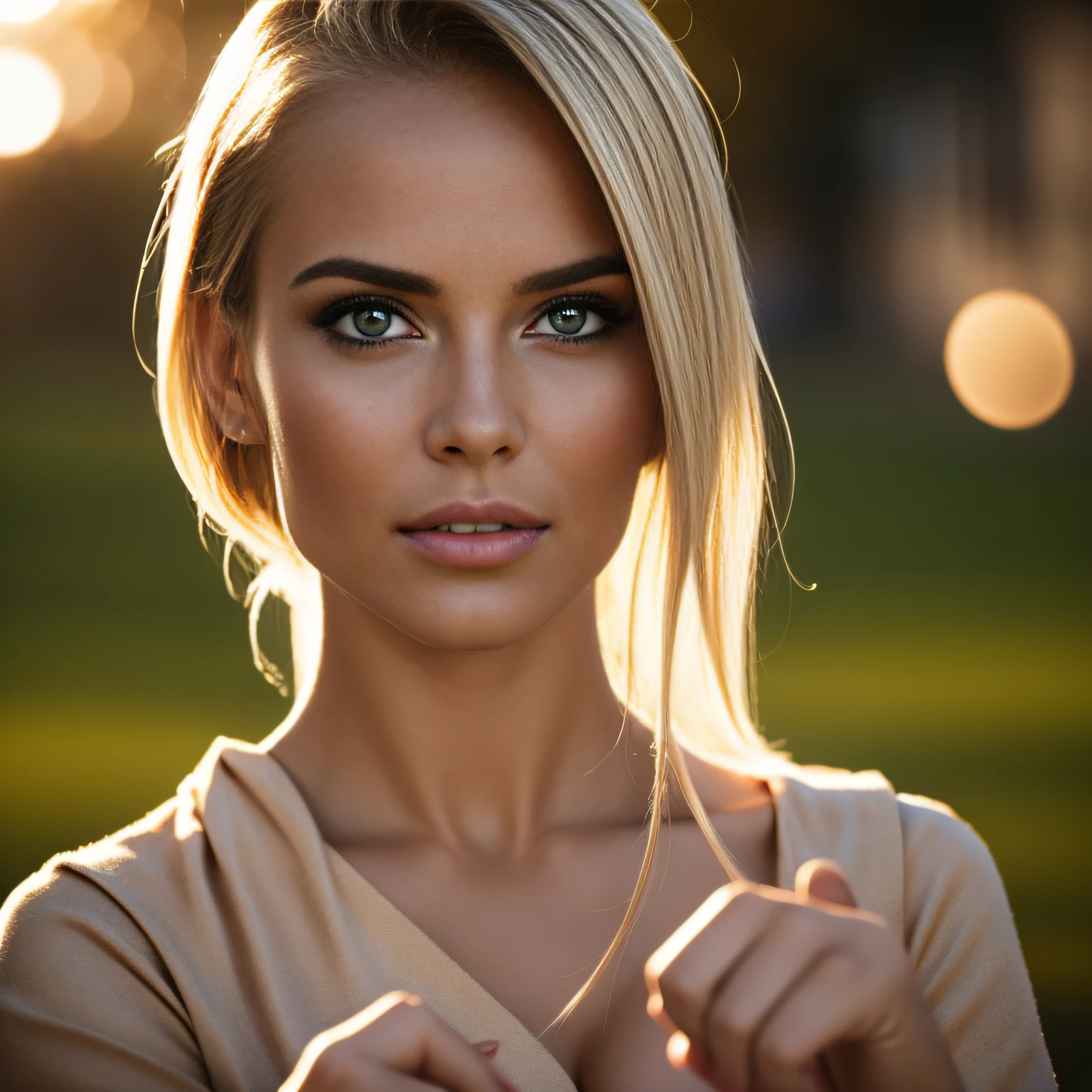 Front photo of a 25-year-old European woman, Pointing at the camera, cheveux blonds, serious, (Amazing Skin Details: 1.4), (peau naturelle: 1.2), (Pores: 0.6), Maquillage, (detailled eyes: 1.2), fond vert, studio, Lighter edge, (Bokeh: 1.2), Photographie, cinematic, Fotorealistisch, ultrarealistic, fille en forme, Robe moulante, Silhouette parfaite