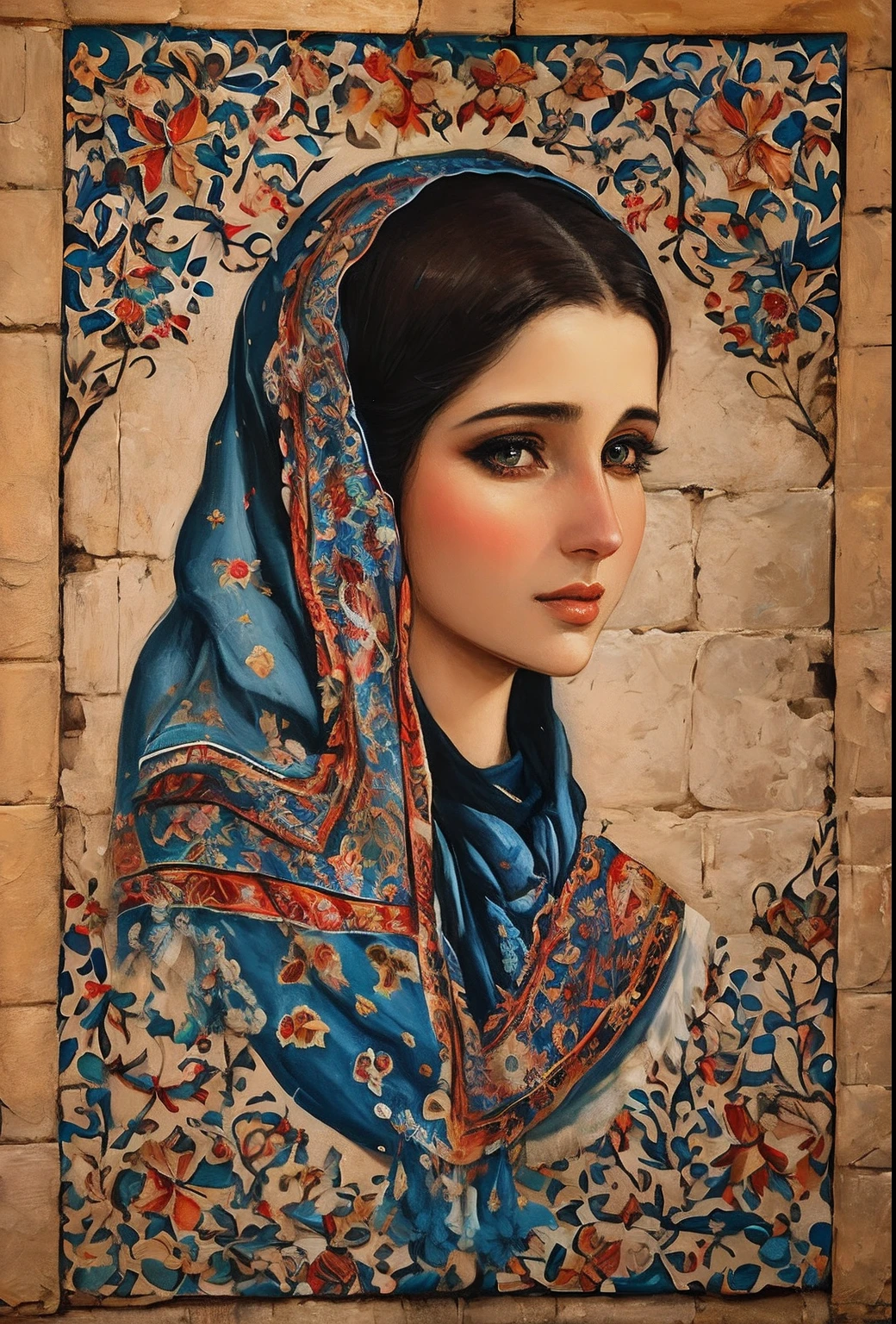 painting of a woman in a blue scarf on a wall, qajar art, beautiful iranian woman, very beautiful portrait, portrait of virgin mary, traditional beauty, pale-skinned persian girl, detailed face of an arabic woman, beautiful portrait, young middle eastern woman, beautiful portrait of a woman, painting of a woman, in style of old painting, stunning portrait