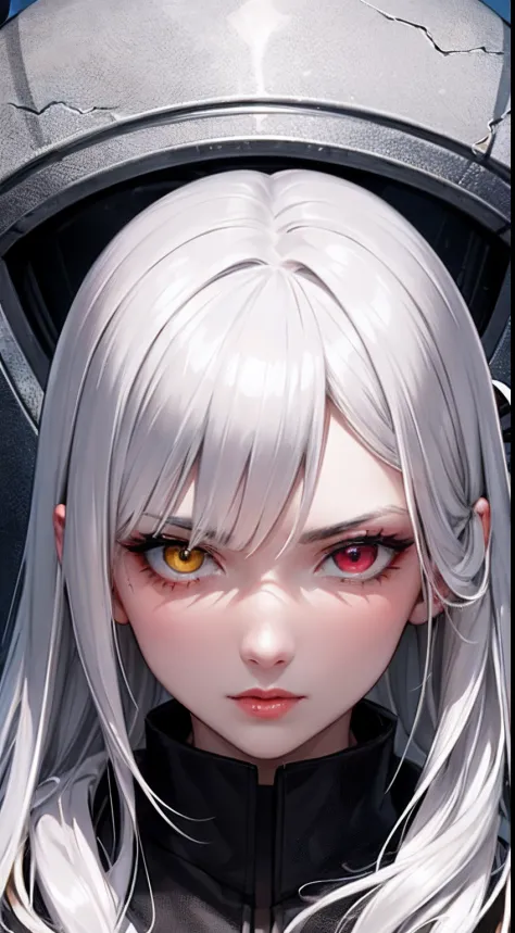 highest detailed, woman with white really long messy beautiful detailed half black half white hair serious eyes, dull eyes, dead inside, dar heterochromia yellow and red eyes, beautiful, majestic, samurai, evil, oni, welding a huge sword, robtico arm, poof...