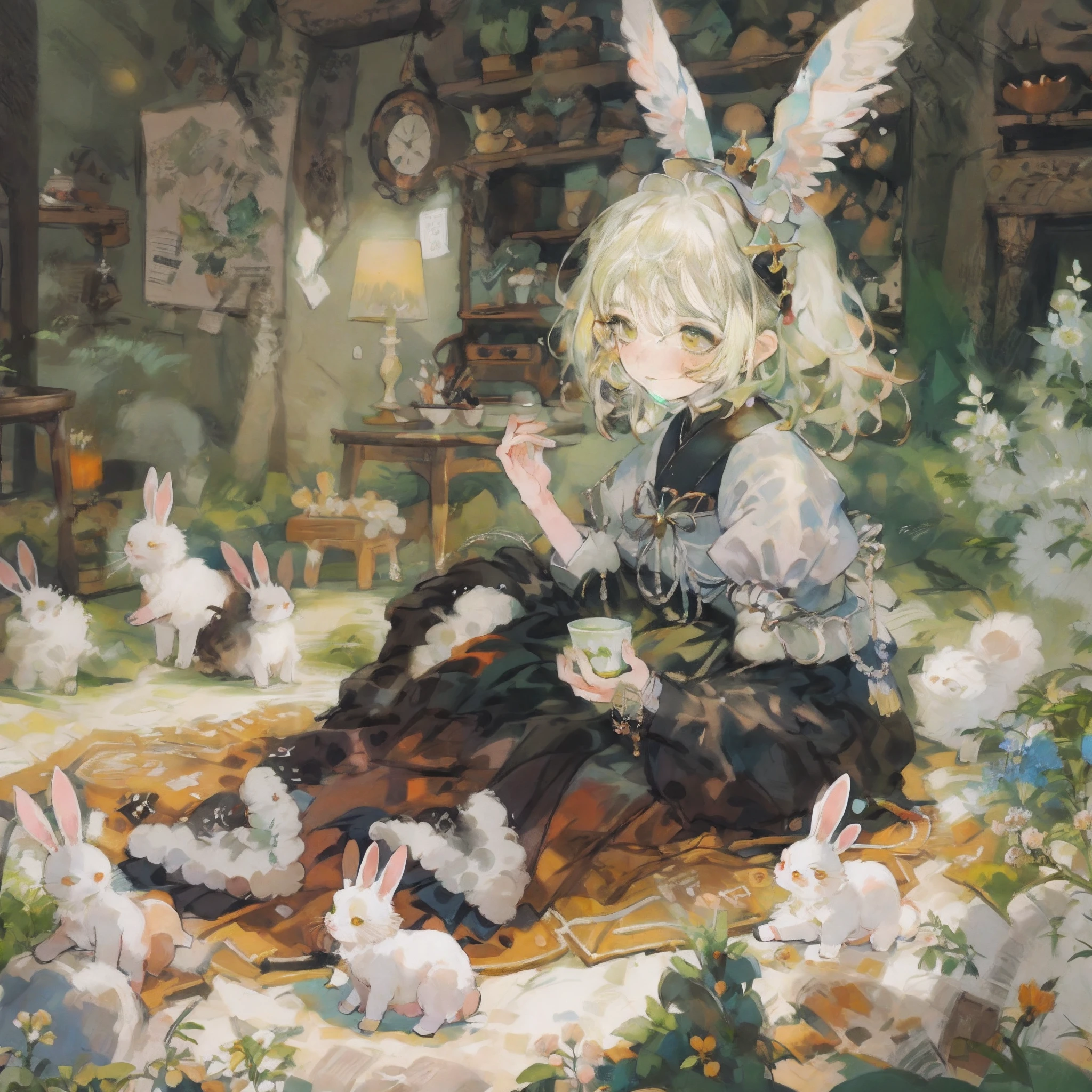 ​masterpiece, top-quality,This illustration is、Shows a girl sitting on the floor，She transforms into the image of a bunny girl，The illustration presents a very detailed cover art effect。The scene is depicted very delicately。She is dressed in a role-play costume in a maid costume，The whole gives a sense of innocence，There is a love motif in the picture，The overall picture has a jagged edge effect，Taken together，This illustration creates a naïve scene，Featuring the image of a bunny girl，And mixed with elements of Lovecraft， Embarrassing face　Embarrassed cheeks turning red　startled　Surprise,srestrained,Tears,Frightened face,Cuffed, 1 girl in,solo,softlighting，softfocus，blurry image，high lighting，Low contrast，The overall feel is like an oil painting,Yellow-green hair,yellow-green eyes,Medium Hair,