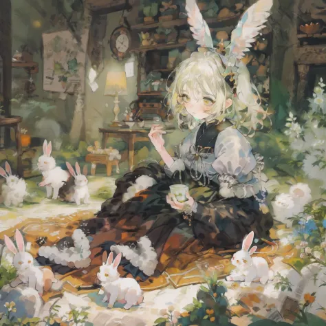 ​masterpiece, top-quality,This illustration is、Shows a girl sitting on the floor，She transforms into the image of a bunny girl，T...