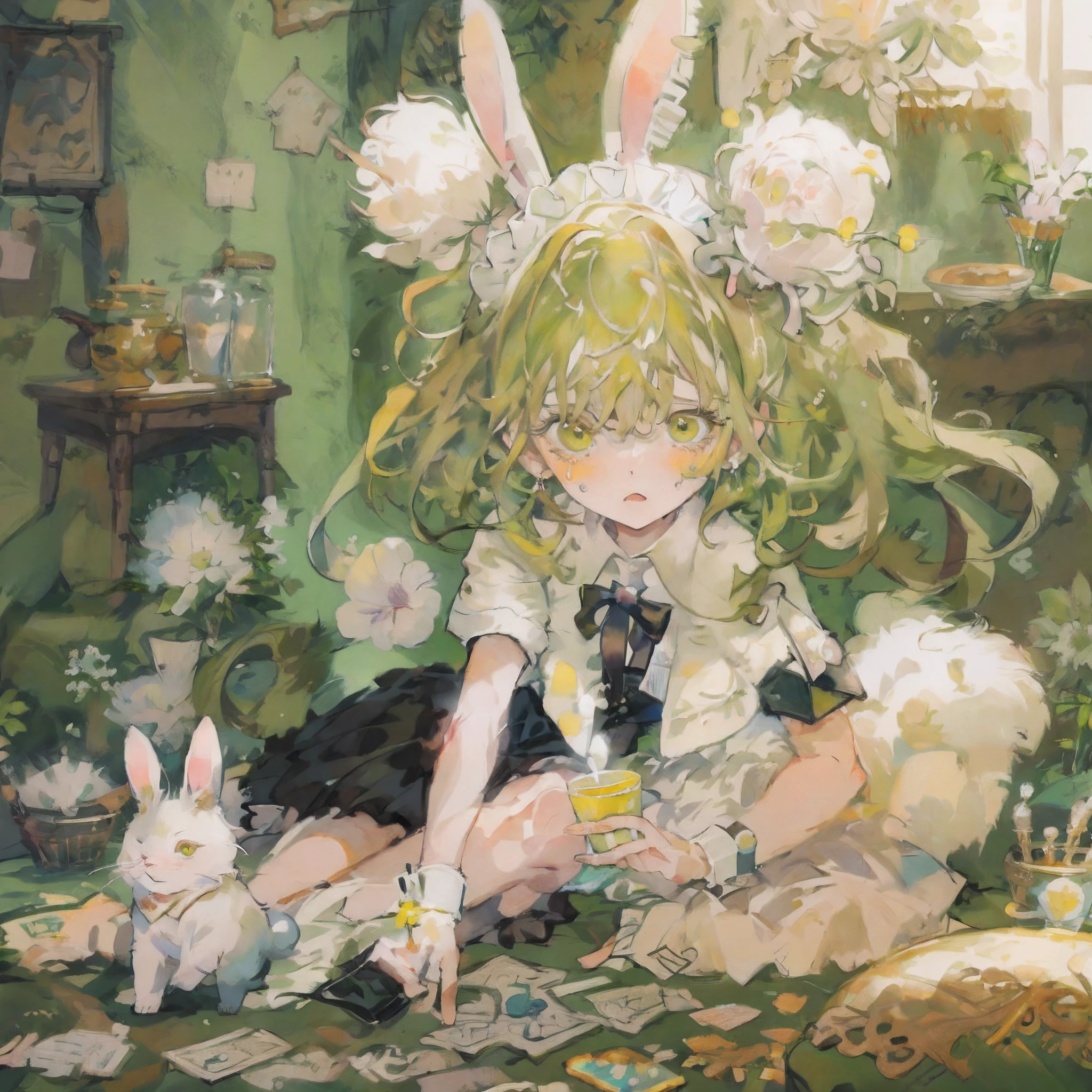 ​masterpiece, top-quality,This illustration is、Shows a girl sitting on the floor，She transforms into the image of a bunny girl，The illustration presents a very detailed cover art effect。The scene is depicted very delicately。She is dressed in a role-play costume in a maid costume，The whole gives a sense of innocence，There is a love motif in the picture，The overall picture has a jagged edge effect，Taken together，This illustration creates a naïve scene，Featuring the image of a bunny girl，And mixed with elements of Lovecraft， Embarrassing face　Embarrassed cheeks turning red　startled　Surprise,srestrained,Tears,Frightened face,Cuffed, 1 girl in,独奏,softlighting，softfocus，blurry image，high lighting，Low contrast，The overall feel is like an oil painting,Yellow-green hair,yellow-green eyes,Medium Hair,