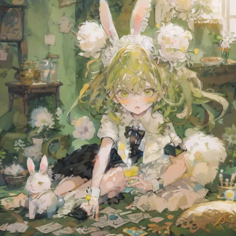 ​masterpiece, top-quality,This illustration is、Shows a girl sitting on the floor，She transforms into the image of a bunny girl，T...