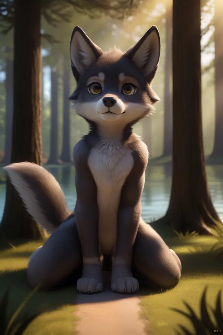 uploaded on e621, full body portrait of a masterpiece, high quality best quality, a (anthro:1.0) (loli:0.8) (cub:1.2) (wolf girl:1.2) with a big head and small body, fur markings, paws, grey fur, fluffy, wolf tail and ears, flat chest, looking at viewer, f...