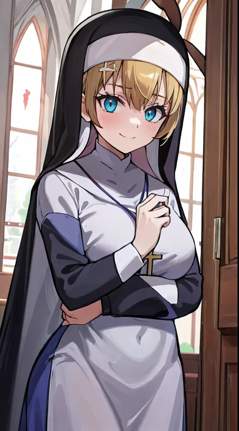 (One teenage nun girl) purple clothing. Cyan eyes. blonde woman, a plump body. Sweet calm face. smirk. Lowered gaze. Against the background of the church hall gloomy in the dark.