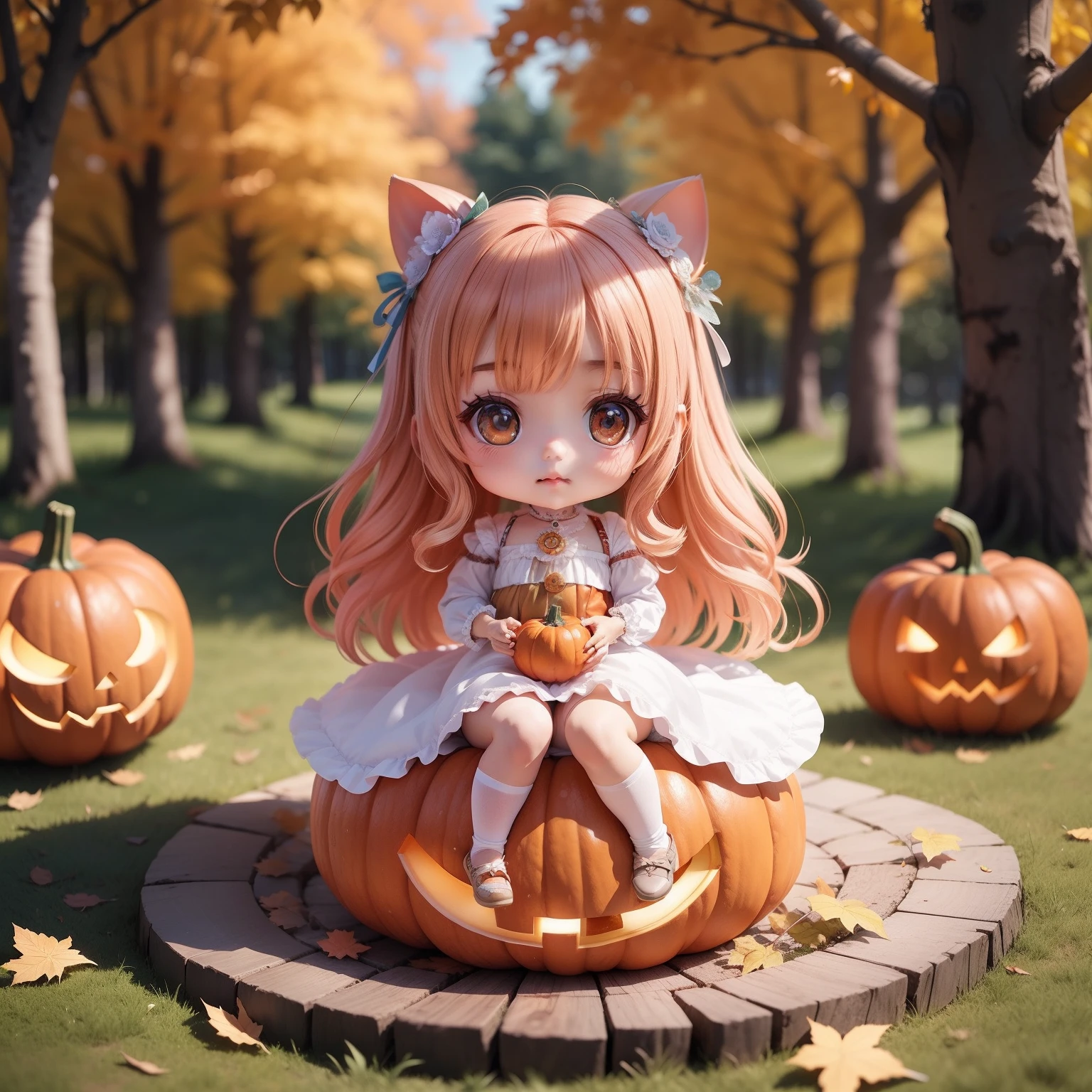 （（（Super masterpiece、top-quality、ultra-detailliert、女の子1人、Chibi：1.5））、Halloween Costumes、Sit on the pumpkin、The background is in a fairytale forest in autumn