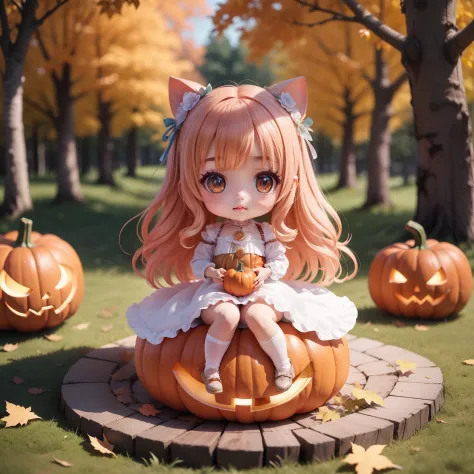（（（Super masterpiece、top-quality、ultra-detailliert、女の子1人、Chibi：1.5））、Halloween Costumes、Sit on the pumpkin、The background is in ...