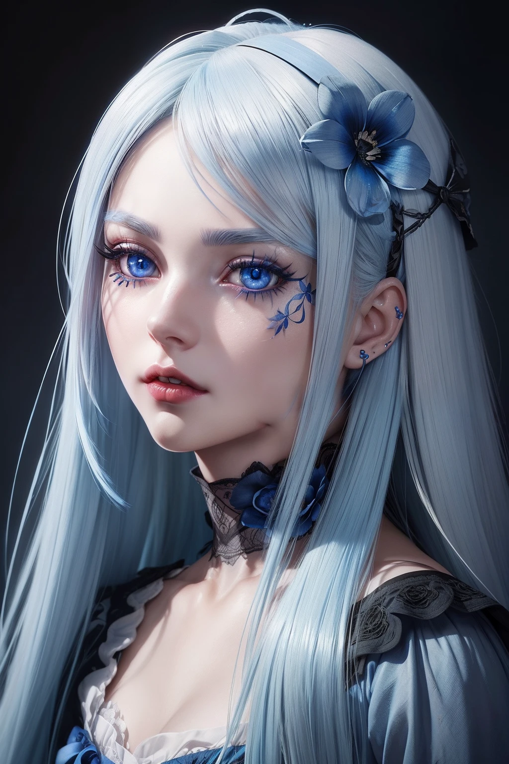 (((Bloodbourne aesthetic))) Portrait ((face)) of anime beauty blonde girl, photorealistic ((long realistic blue hair, black flower hair clip)), perfect face, realistic skin ((((high detailed skin)))), red lips, in realist white and blue doll dress, ((beauty realistic anime eyes)), 4K, UHD