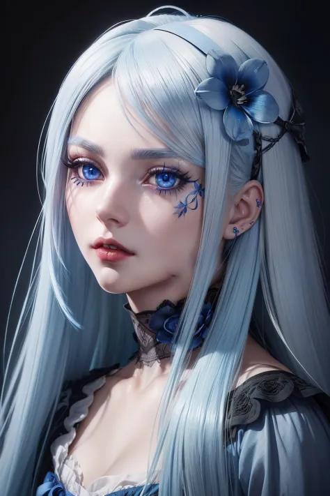 (((Bloodbourne aesthetic))) Portrait ((face)) of anime beauty blonde girl, photorealistic ((long realistic blue hair, black flower hair clip)), perfect face, realistic skin ((((high detailed skin)))), red lips, in realist white and blue doll dress, ((beaut...