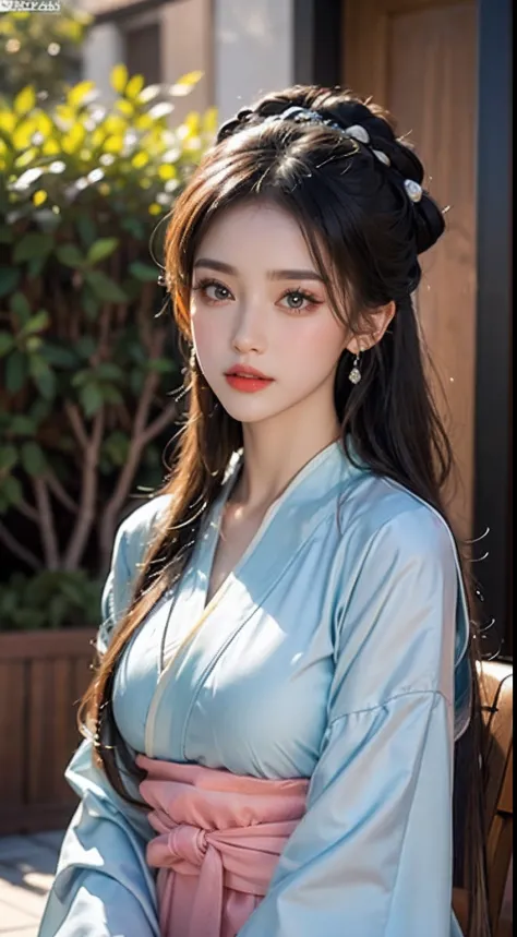 1 Beautiful girl in beautiful Hanfu, Thin red silk shirt，There are many yellow patterns, Black lace top, Light pink rabbit ears, Long hair dyed lilac platinum, beautiful hair ornaments, Nice face Cute face, Perfect face, Earring jewelry, Antique jewelry, B...
