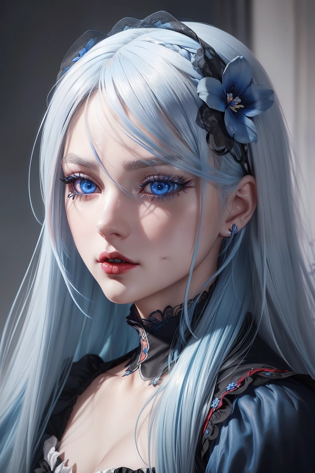 (((Bloodbourne aesthetic))) Portrait ((face)) of anime beauty blonde girl, photorealistic ((long realistic blue hair, black flower hair clip)), perfect face, realistic skin ((((high detailed skin)))), red lips, in realist white and blue doll dress, ((beauty realistic anime eyes)), 4K, UHD
