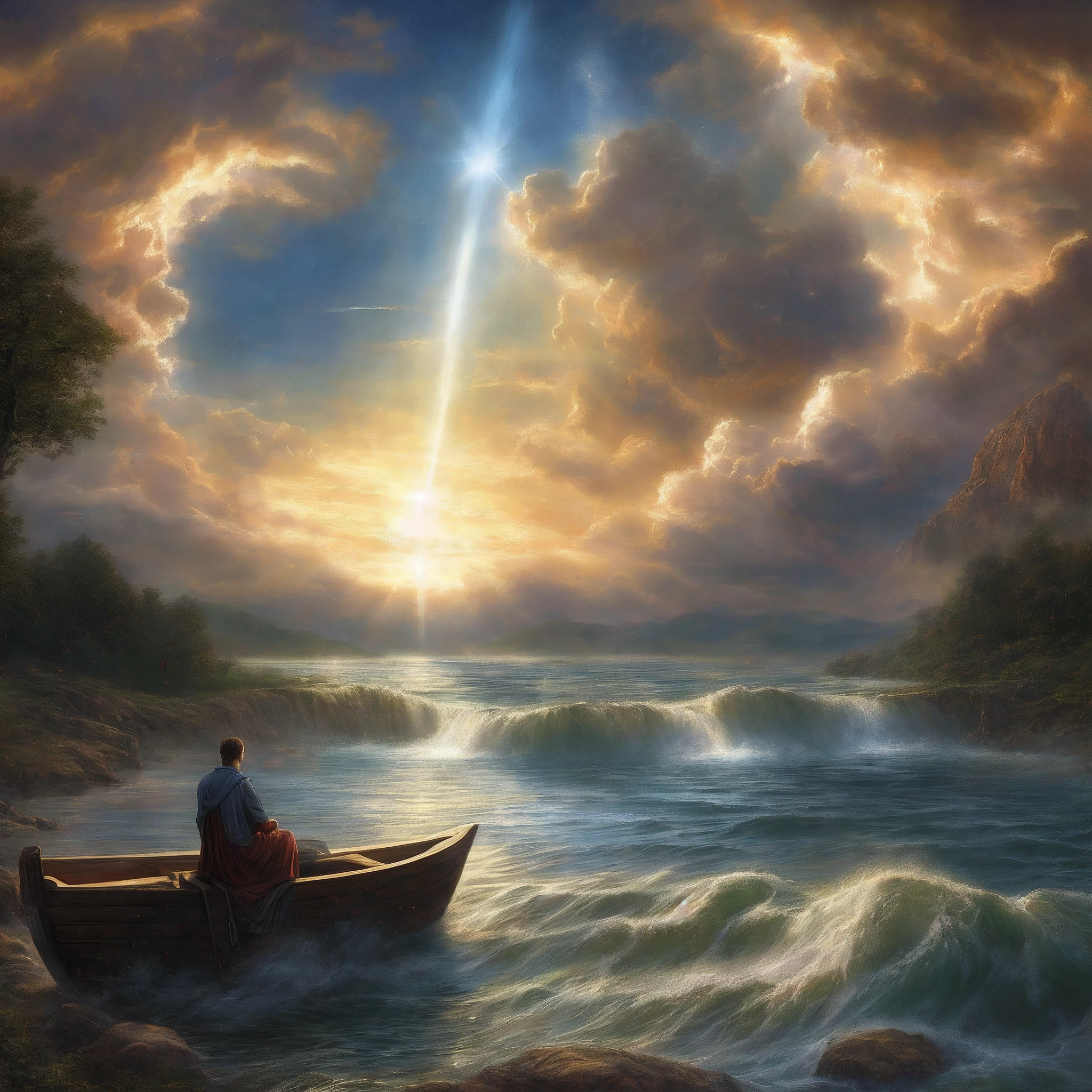 ⁶そして神は言われました:
  —水の真ん中に大空があり、水と水が分離されているようにしましょう.
⁷そして神は大空と大空の下の水と大空の上の水の間の分離をしました. そして、それは起こりました.
⁸そして神は大空に呼ばれました "天国". 午後と午前がありました, 2日目. 

創世記1章:6-8, 湖のボートに座っている男の絵, inspirado em クリストフ・ヴァシェ, マーク・キースリーに触発された, 監督: クリストフ・ヴァシェ, ジョフラ・ボスチャート著, これまでに作られた最も美しい画像, 神の太陽光線, ジョフラ・ボスチャートに触発された, ルス・セレスティアル, ジェイソンA. エングル, 監督: アレクサンダー・クチャースキー, 月光神の光線