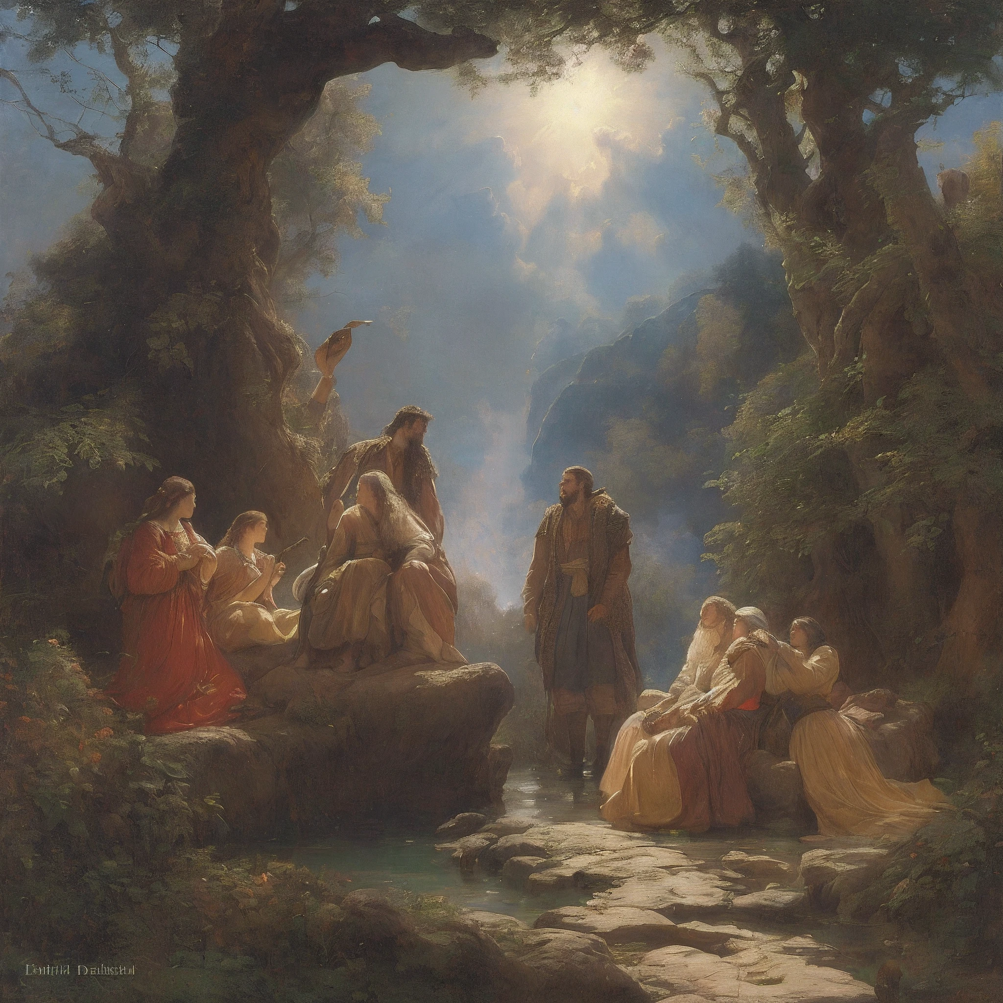 painting of a group of people sitting on a rock in a forest, inspired by Carl Heinrich Bloch, inspired by Théodore Chasseriau, Arte de Edouard Bisson, kramskoi 4 k, Mystical scene, romanticism painting, Directed by: Emile Lahner, Tuomas Korpi e Wlop, albert bierstadt and artgerm