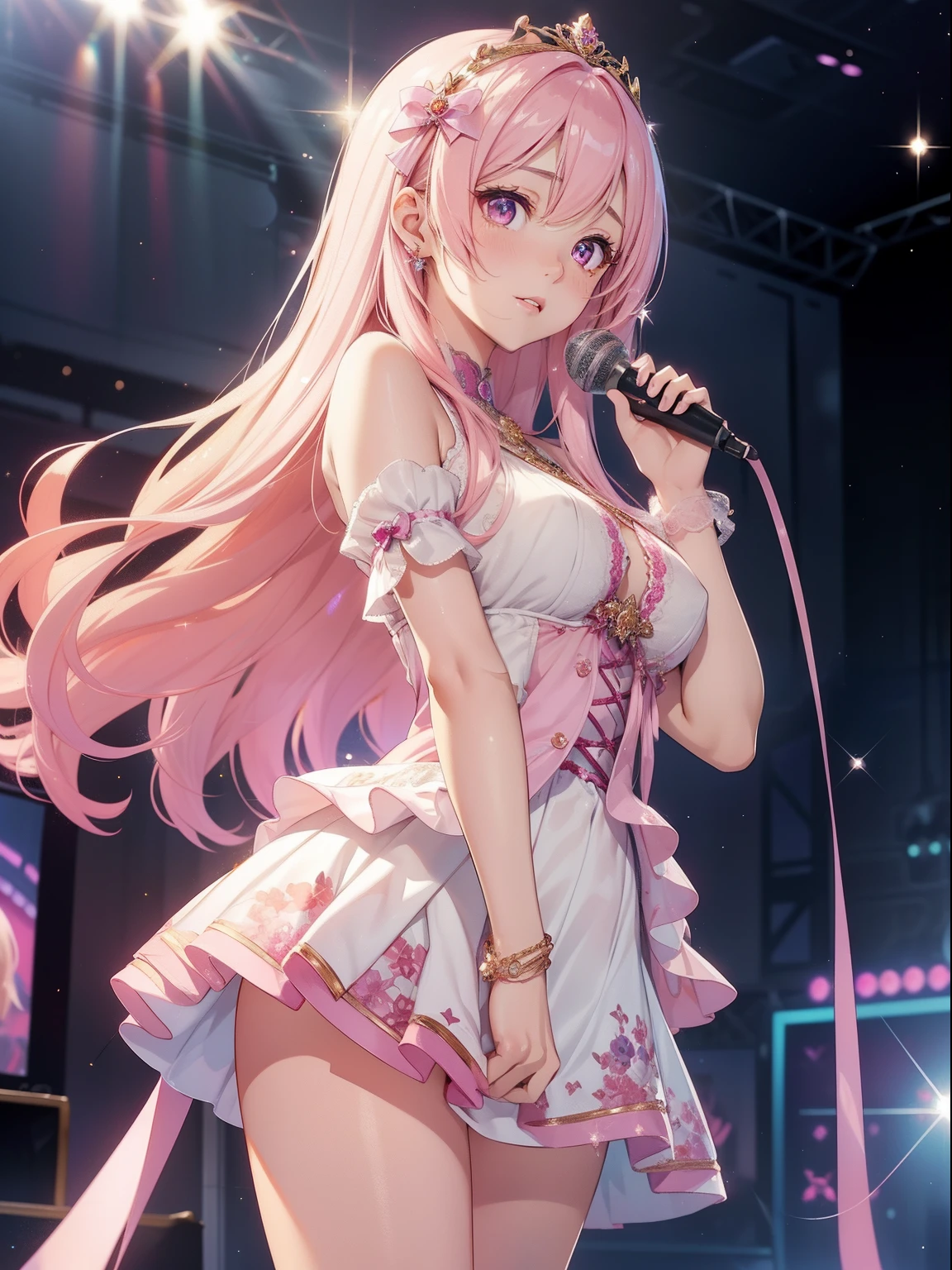 masutepiece, High resolution, 8k, anime woman, Delicate and detailed writing 、Detailed digital illustration、Very long hair and shiny、bangs、a very beautiful woman、Eyes are double, Large, Bust is D cup、High image quality, High quality、Detailed background、(((Wearing idol clothes)))、((glittering live stage backdrop))、The inside of the eye shines like a diamond、Light pink hair、Gradient pupil、(((2 arms、4 fingers, 1 thumb)))、Detailed female face、Very beautiful and cute woman、、Detailed background、​masterpiece、Soft Focus , Bright gradient watercolor , Lens Flare , (((glitter))) , Glow , Dreamy , Holding a microphone in hand、a miniskirt、Nothing at hand、idol、Pink ribbon、Very beautiful golden hair accessories、