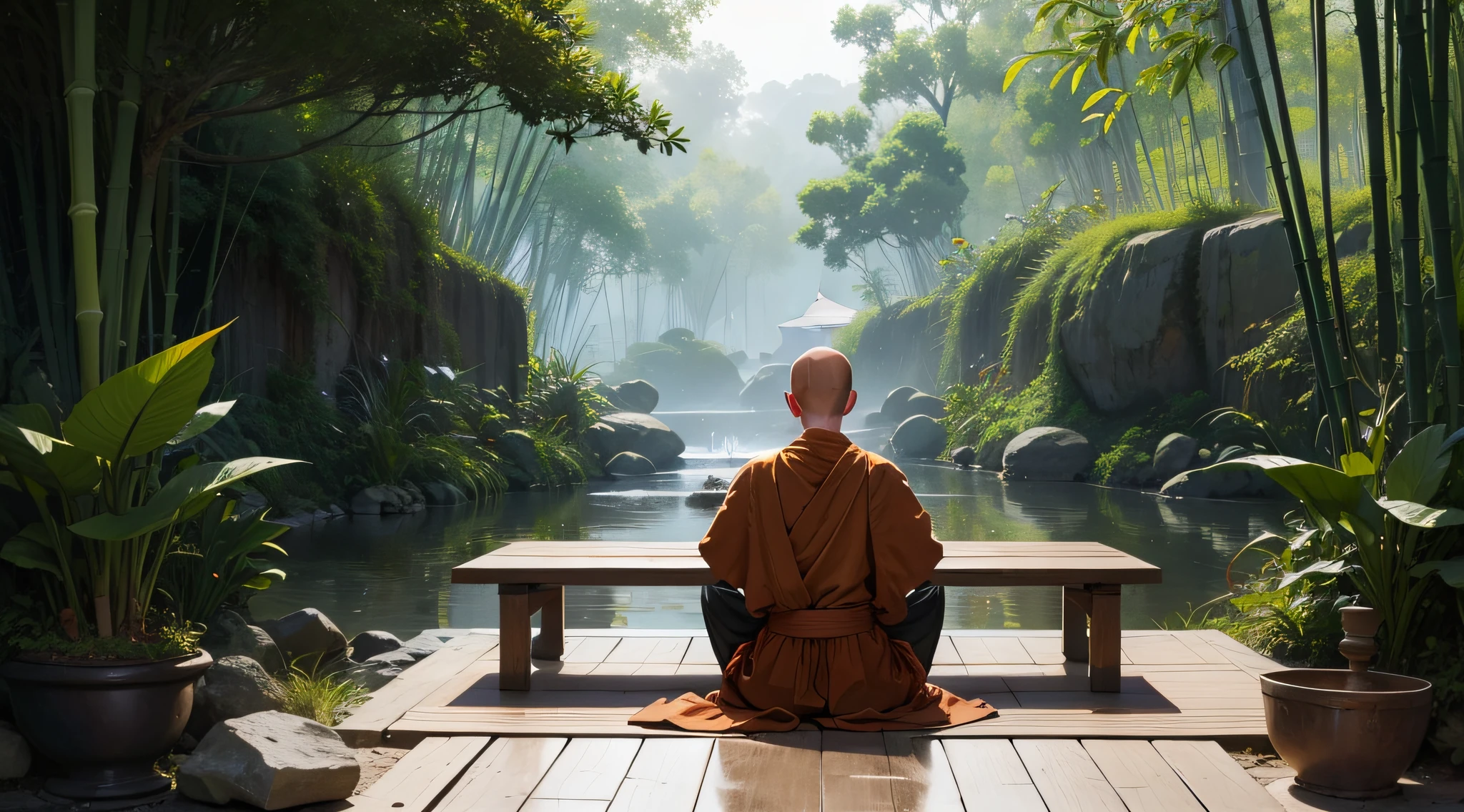 One monk, temple, symmetrical composition, The monk sits in the middle, Monk from the back, The monk faces the bamboo forest, It rained, The monk sits on a futon