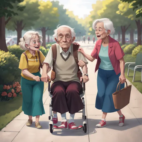 Three seniors pushing elderly people in wheelchairs，at park