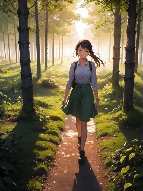 A girl walking in a forest, looking at viewer and smiling, sunrise, caustics