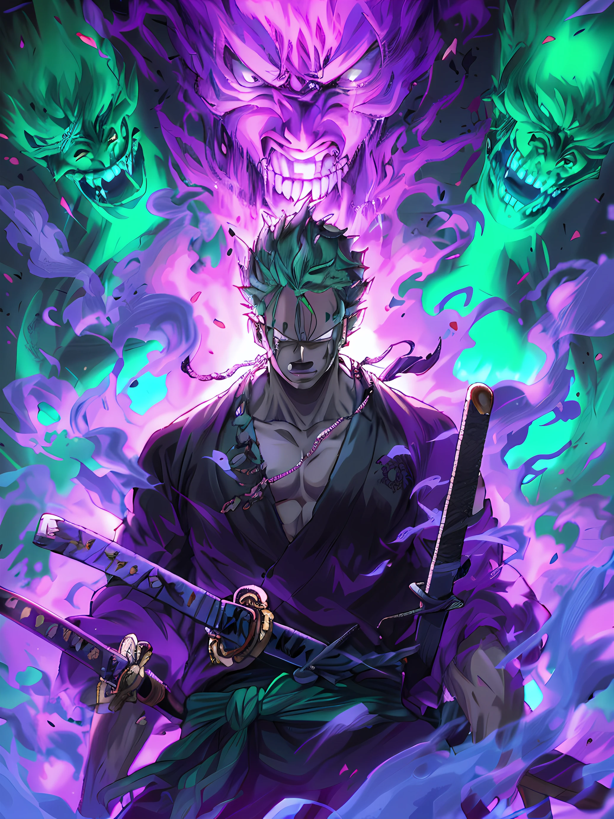 a closeup of a person holding two swords in front of a demon, badass anime 8 k, Roronoa Zoro, cara bonito em demon slayer art, Anime Wallpaper 4k, 4k anime wallpapers, 4 k manga wallpaper, Anime Art Wallpaper 4K, Anime Art Wallpaper 4K, Anime wallpapers 4k anime art, estilo anime 4K, distancia  do zoro,  Passing a 4K dragon behind him.