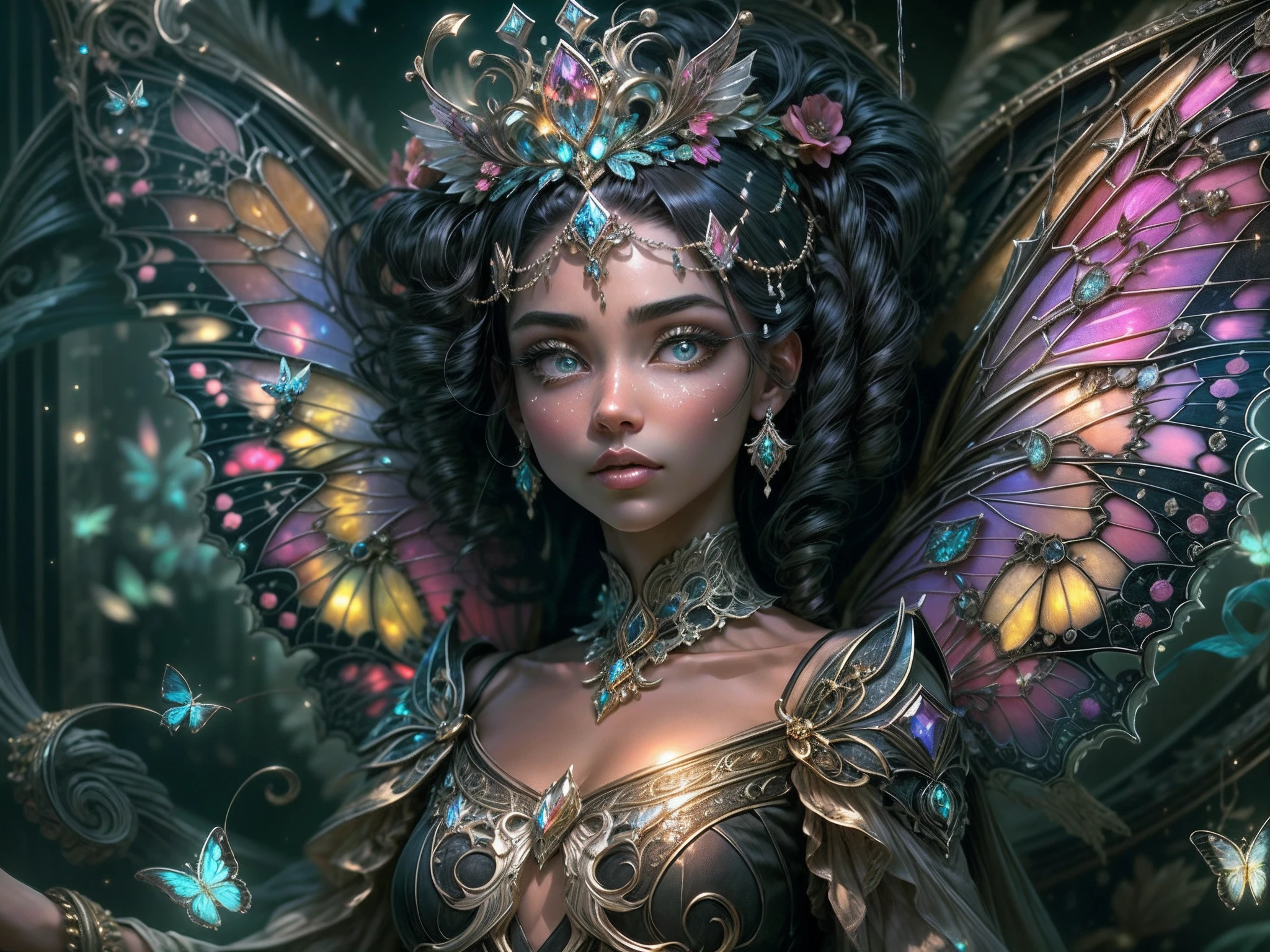 This is a realistic fantasy masterpiece with lots of shimmer, glitter, and intricate ornate detail. Generate one  woman with a beautiful and delicate crown sitting on a garden swing at night. She is a beautiful and seductive butterfly queen with stunning curly black hair, (((incredibly realistic and detailed dynamic eyes in bright colors with realistic shading))).  Her skin is translucent white, her eyes sparkle, and her dress is elegant. Her dress is spun of the finest gossamer silk with delicate, intricate, and subtle floral detailing and gold silk butterfly sleeves. Her face is lovely and . Include glow-in-the-dark flowers, lots of particles, highly realistic fantasy butteflies with translucent jewel-toned wings and fine detailing, and glow. The artwork is done in the style of Guviz and brings to mind masters in the genre such as trending fantasy works on Artstation and Midjourney. Camera: Utilize dynamic composition techniques to emphasize etherealness and delicate detail.