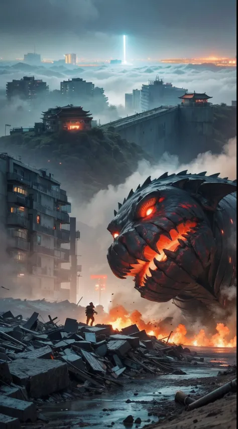 Best Quality, masutepiece, Ultra-high resolution, 3 super-huge and ferocious monsters（Giant soldiers），Hidden in thick fog，Realistic style，terrifying atmosphere，bloody red eyes, broken streets, Broken city, the ground is covered with gravel, Scattered with ...