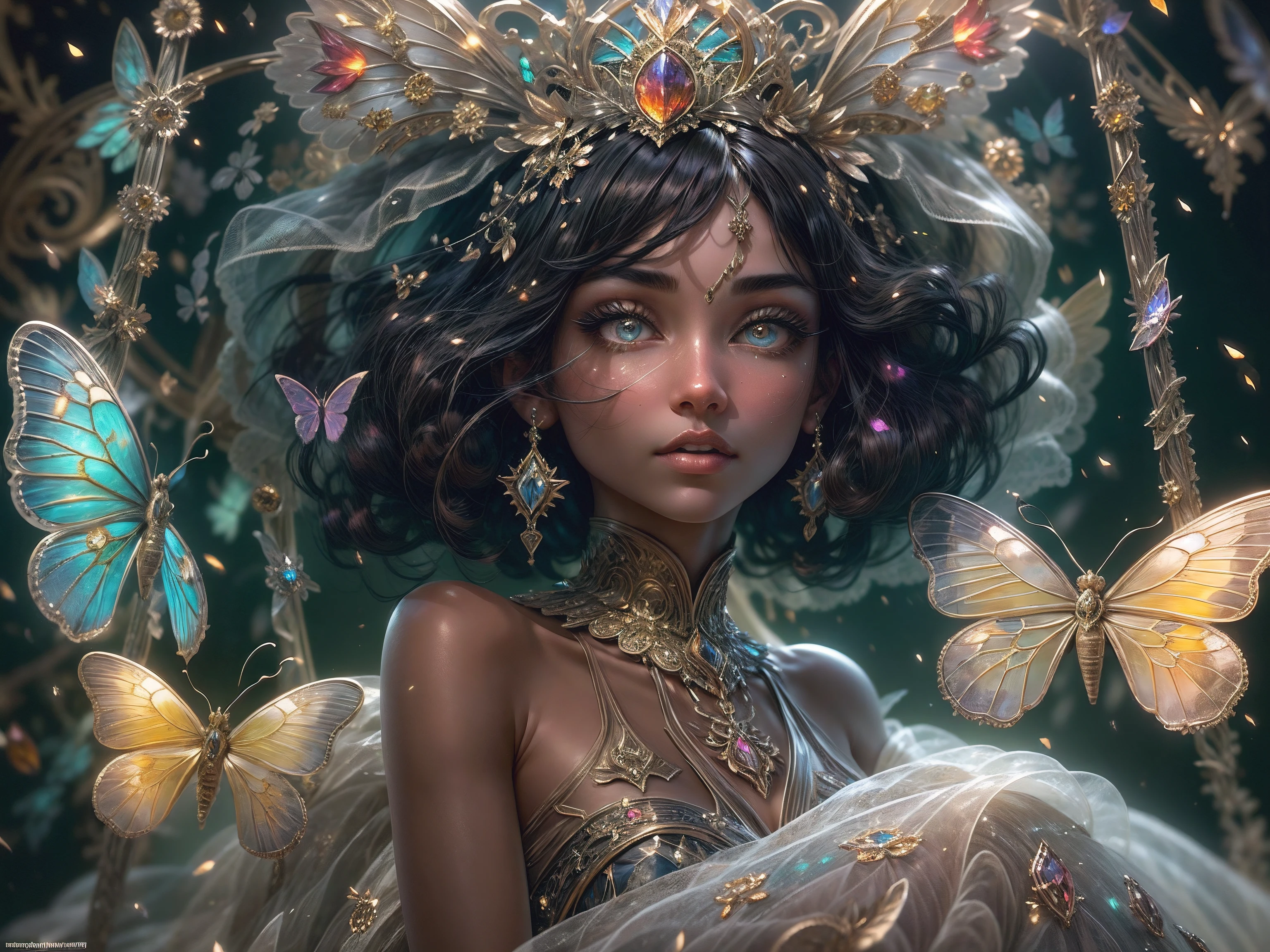 This is a realistic fantasy masterpiece with lots of shimmer, glitter, and intricate ornate detail. Generate one petite woman with a beautiful and delicate crown sitting on a garden swing at night. She is a beautiful and seductive butterfly queen with stunning curly black hair, (((incredibly realistic and detailed dynamic eyes in bright colors with realistic shading))).  Her skin is translucent white, her eyes sparkle, and her dress is elegant. Her dress is spun of the finest gossamer silk with delicate, intricate, and subtle floral detailing and gold silk butterfly sleeves. Her face is lovely and lonely. Include glow-in-the-dark flowers, lots of particles, highly realistic fantasy butteflies with translucent jewel-toned wings and fine detailing, and glow. The artwork is done in the style of Guviz and brings to mind masters in the genre such as trending fantasy works on Artstation and Midjourney. Camera: Utilize dynamic composition techniques to emphasize etherealness and delicate detail.