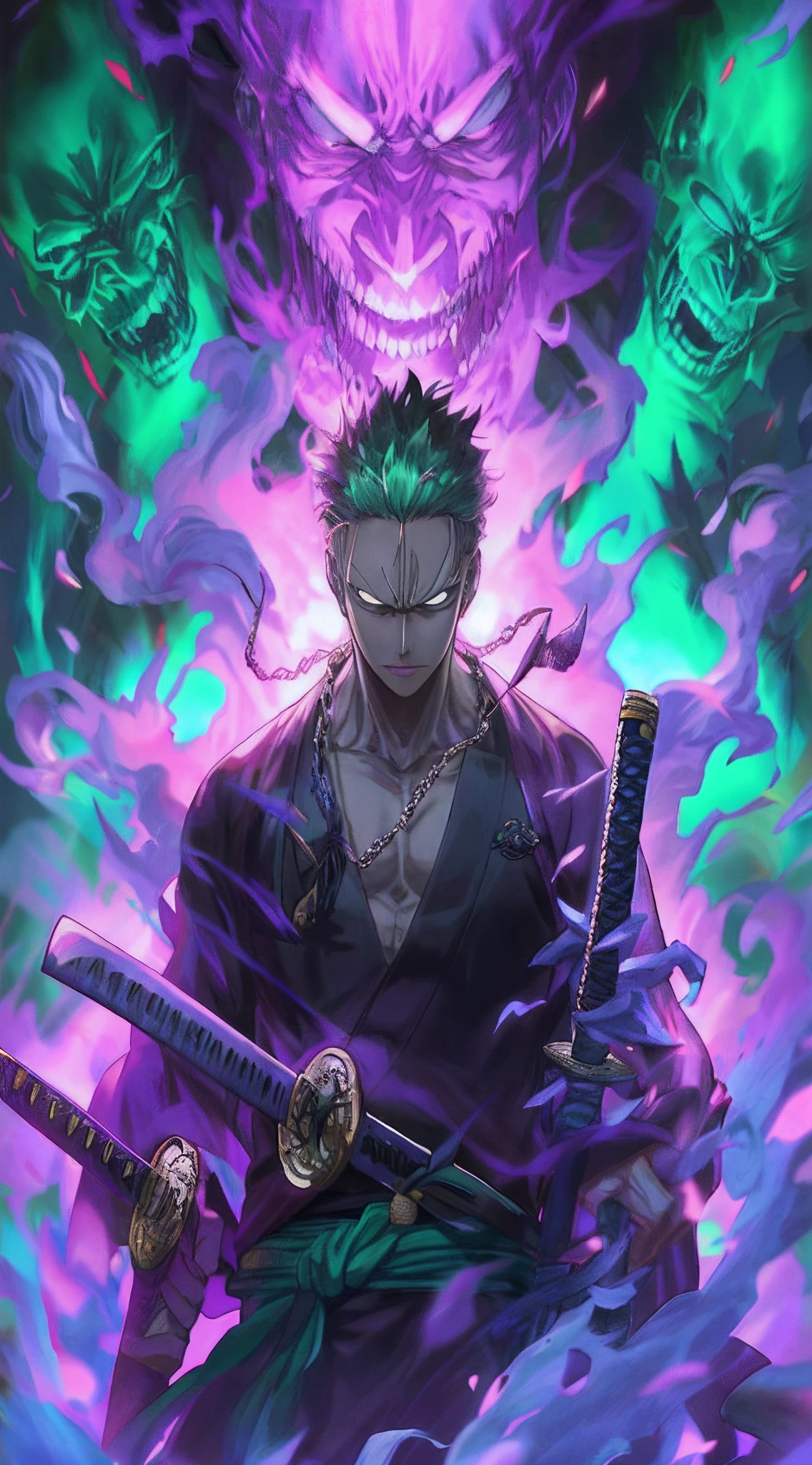 A man with green hair holding two swords in front of a demon - SeaArt AI