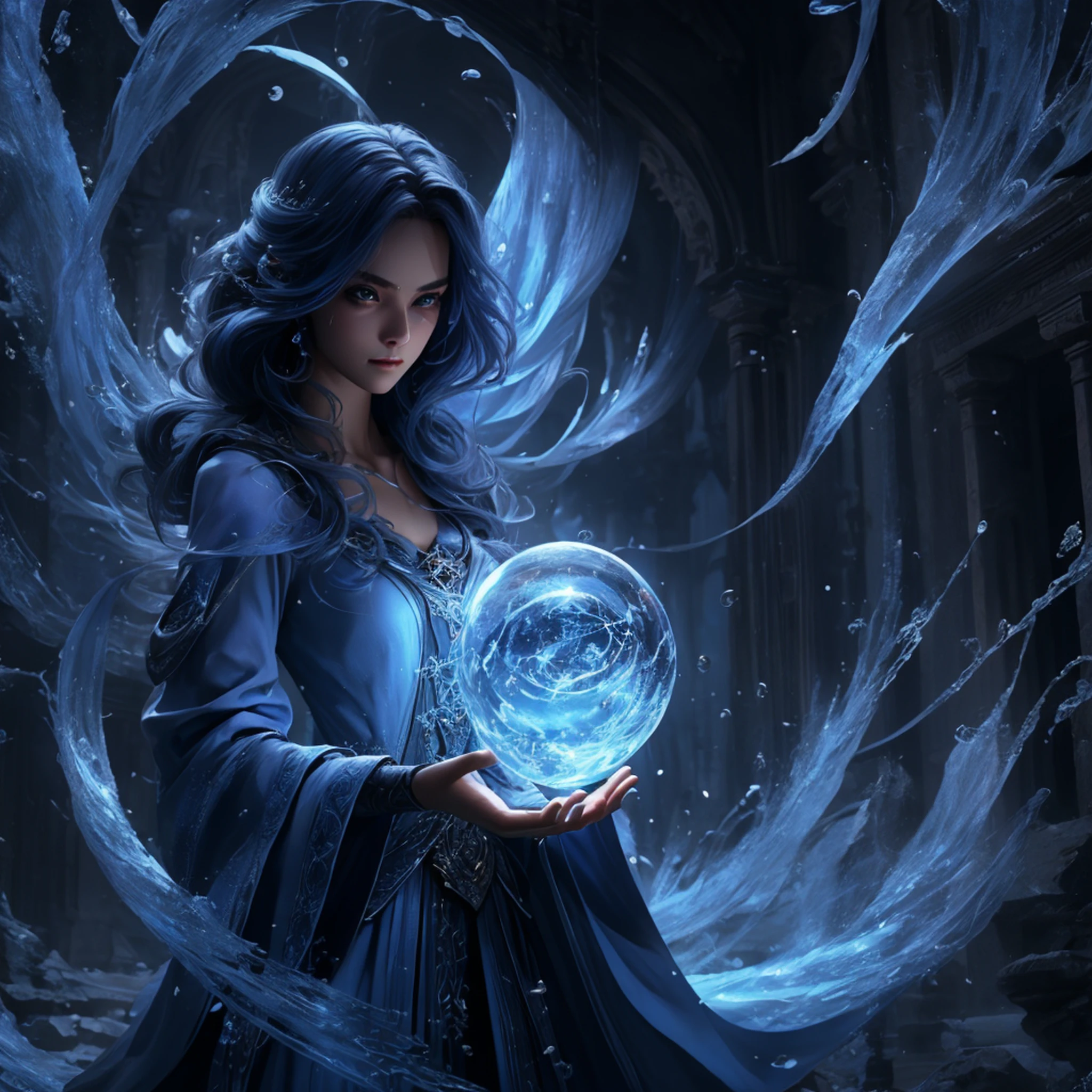 (((1girll)))，imperial water，A magician，（loose dress：1.5），（perfect facial features：1.4），（Blue Silk Robe），（Mysterious magical formations：1.2），blue flare，（Frost Wings），(((Powerful Ice Magic)))，(((Icicles)))，towering over the landscape，blue light cold light，(((Ice storms)))，Tuuli，((flying snow, gelo e neve))，Surprising results，,best qualityer,tmasterpiece,ultrahigh-resolution,finely detailled,Complicated Details,8K resolution,8KUCG Wallpaper,HDR,blue water,magical array,cinematic lighting effects,light andshade contrast，Traching de raias、nvidia RTX