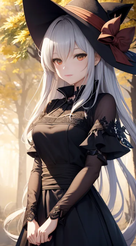 (extremely detailed CG unity 16k wallpaper:1.1), (Denoising strength: 1.45), (tmasterpiece:1.37), A girl in a black dress and a fox hat, An anime work drawn by Kisu, pixiv contest winner, rayonism, made of leaves, soft mist, Mist.