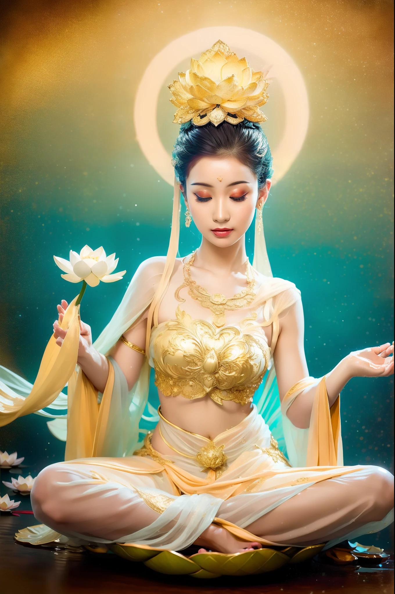 The naked fairy sits on a lotus throne in meditation，（Yoga lotus sitting），（Perfect，Delicate and good-looking face），（Get wet all over your body）