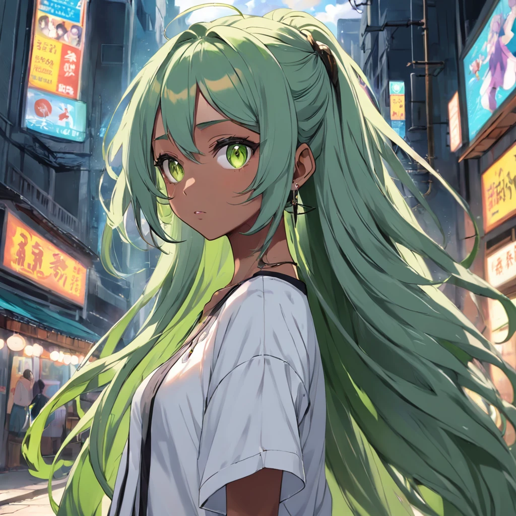 Chica anime con largo cabello verde en una calle de la ciudad. - SeaArt AI