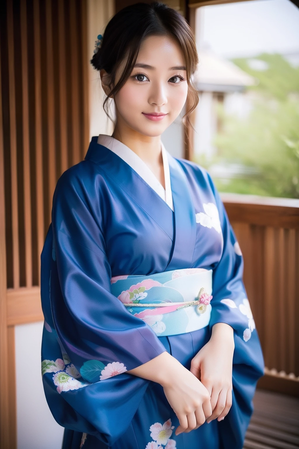 A woman in a blue kimono is posing for a picture - SeaArt AI