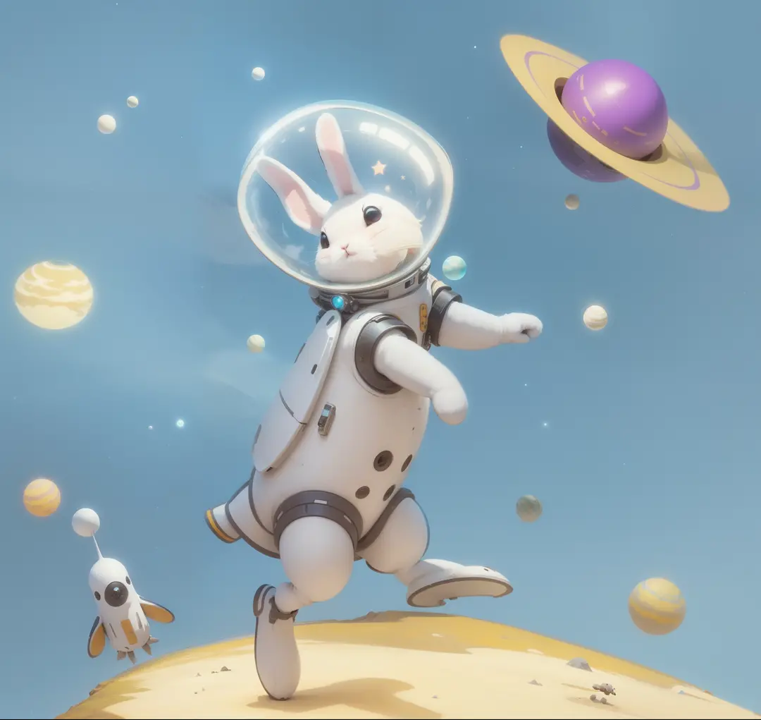 a fluffy white space-bunny, helmet off lands on a desert planet, her spaceship looks like a sunflower seed, there is a faint blue Saturn-like planet in the evening sky, all the stars are out in the purple orange alien sky, strange small trees adorned with ...