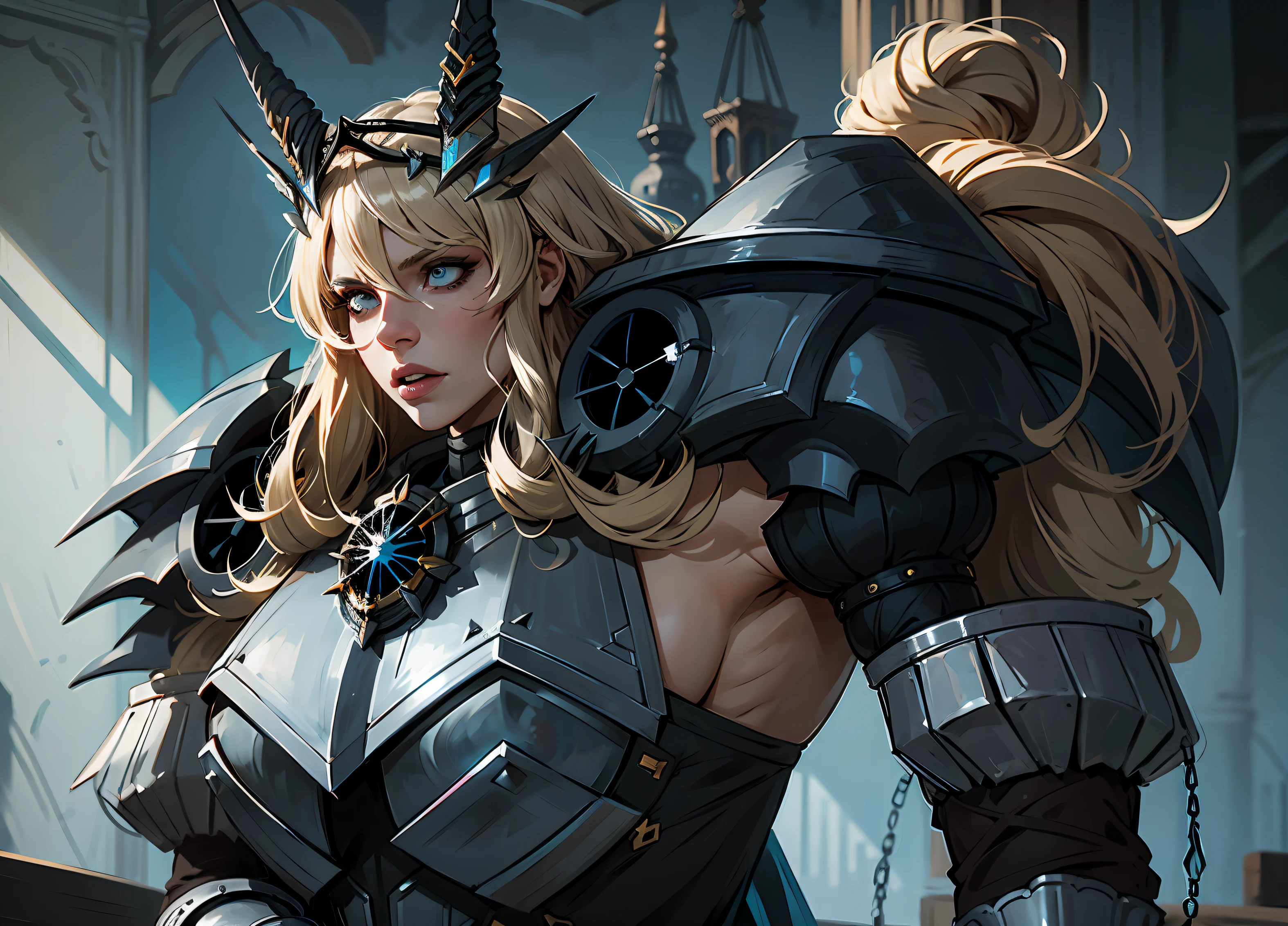 Fairy Gawain Knight (destin), BarghestStage3, 1fille, cheveux blonds, heterochromia, chain, yeux rouges, cheveux longs, Pauldrons, gros seins, shoulder armor, Yeux verts, Cornes, armure, seulement, Regarder le spectateur, black sclera, frange, clivage, mailbox, colored sclera, Gantelets, sang, justaucorps