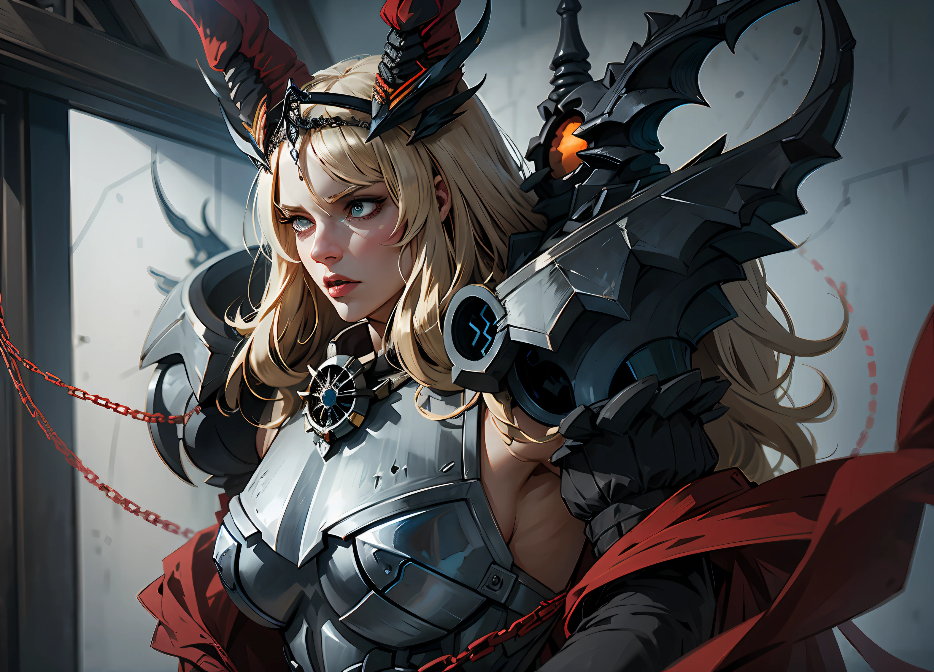 Fairy Gawain Knight (destin), BarghestStage3, 1fille, cheveux blonds, heterochromia, chain, yeux rouges, cheveux longs, Pauldrons, gros seins, shoulder armor, Yeux verts, Cornes, armure, seulement, Regarder le spectateur, black sclera, frange, clivage, mailbox, colored sclera, Gantelets, sang, justaucorps