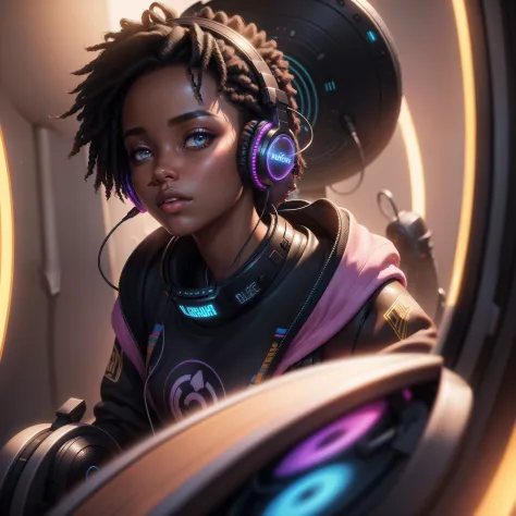 A beautiful black girl with headphones on with a colorful background, listening to music,  with iridescent light, highly detailed images, vibrant beautiful colours, photorealistic image, 8k, ultra HD, unreal engine rendered, cinematic lighting, artgerm sty...