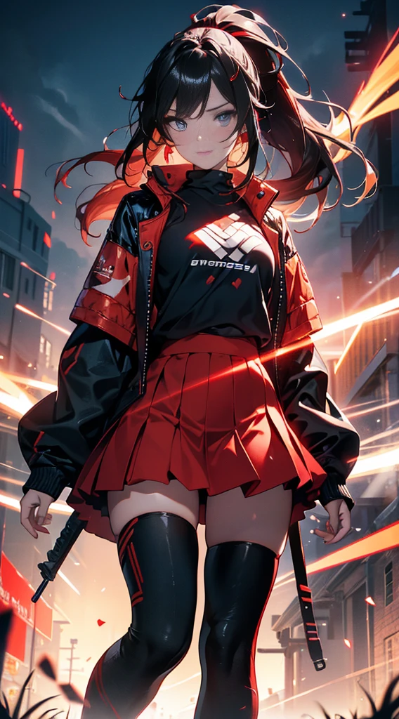 (Extrem detailliertes CG Unity 16k-Hintergrundbild:1.1), (Rauschunterdrückungsstärke: 1.45), (Meisterstück:1.37), dnd-Charakter, Ganzkörper-Internet-Mädchen mit Pferdeschwanz. Helles Rot zeigt an, dass sie ein Online-Mädchen ist. Kleidung wie Tomb Raider, Aber es gibt Röcke. Sie hat auch blaue Augen. Die Umgebung ähnelt einem Terminator. Haare sind schwarz. Ihr Gesicht wird durch die leuchtend rote Farbe auf einer Seite des Gesichts beleuchtet. Wie LEDs.  Und beide Hände haben auch LED-Leuchten.