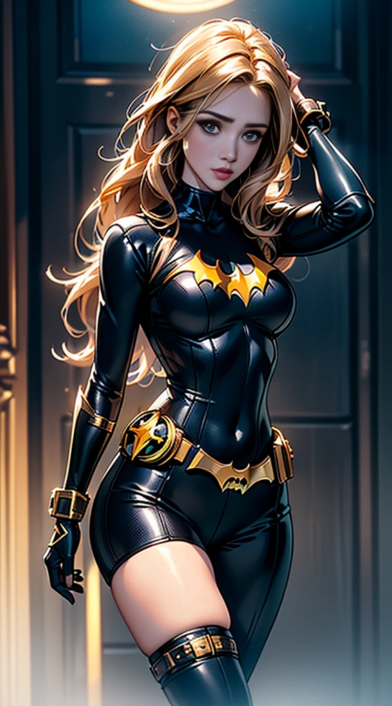 (extremely detailed CG unity 16k wallpaper:1.1), (Denoising strength: 1.45), (tmasterpiece:1.37), An original portrait of a teenager in charming simulation style++ model (Jessica Alba or Amber Heard) as Batgirl, Wear an elegant and stylish outfit made of fragile nylon by Calvin Klein.