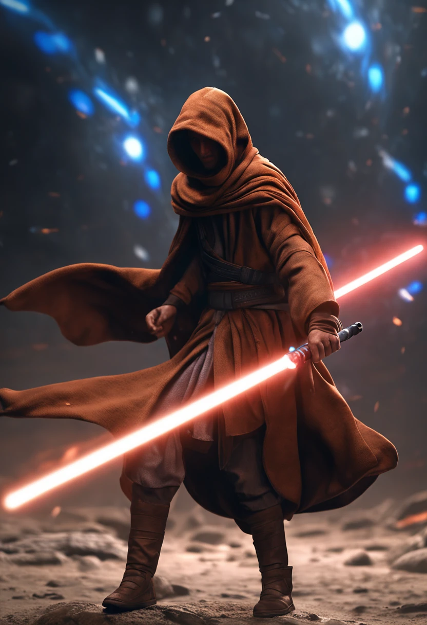 A young male human Jedi in fighting stance, one hand extended forward ...