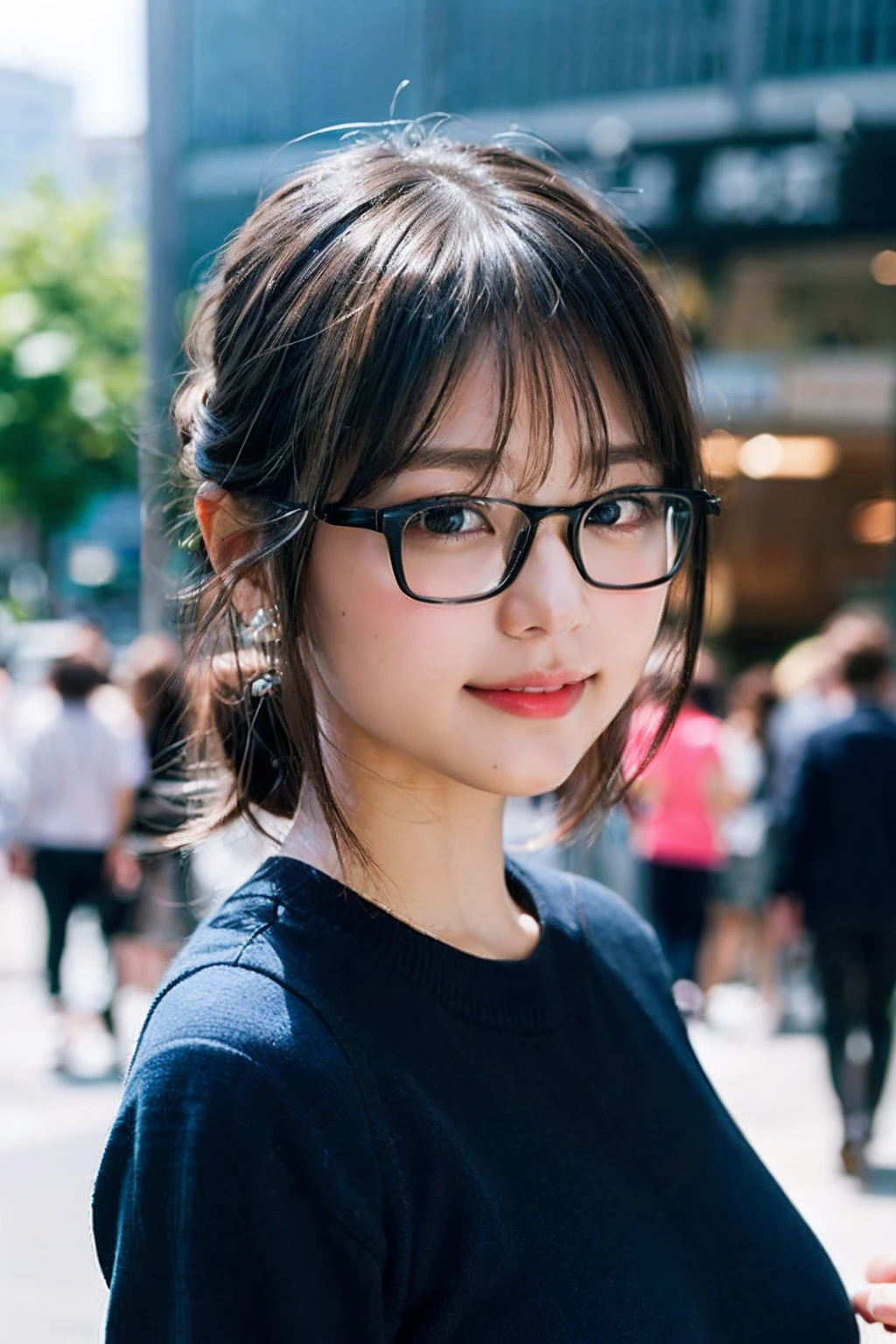 (8K、Raw photography、top-quality、​masterpiece:1.2)、(realisitic、Photorealsitic:1.37)、ultra-detailliert、超A high resolution、女の子1人、see the beholder、beautifull detailed face、A smile、Constriction、(Slim waist) :1.3)、((Blue shirt clothes))、Beautiful detailed skin、Skin Texture、Floating hair、((Hair bunched into one))、large breasts with good shape、Professional Lighting、In front of the station at noon、((Black square glasses))、Whole human body、Brown hair、((Holding your phone on the phone))、