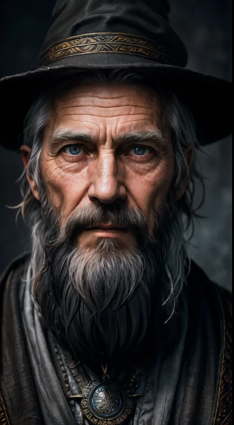 A portrait of a wizard, bearded, wrinkled, weathered, with piercing eyes, detailed face, high details, photography, dark studio, rim light, Nikon D850, 50mm, f/1.4