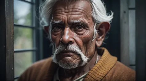Cinematic portrait photo of a very interesting old Indian man inside a house, Eyes close together, highly detailed vfx portrait,...
