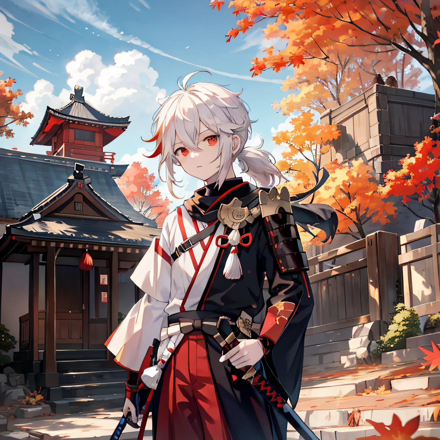 masterpiece, best quality, maple manyo, male focus, 1boy, solo, red eyes, bangs, multicolored hair, japanese clothes, striped hair, red hair, hair between the eyes, weapon, sword, armor, japanese armor, white hair, shut up, ponytail, outdoors, tassel, looking at the audience, castle tower, (kbxll:0.6)