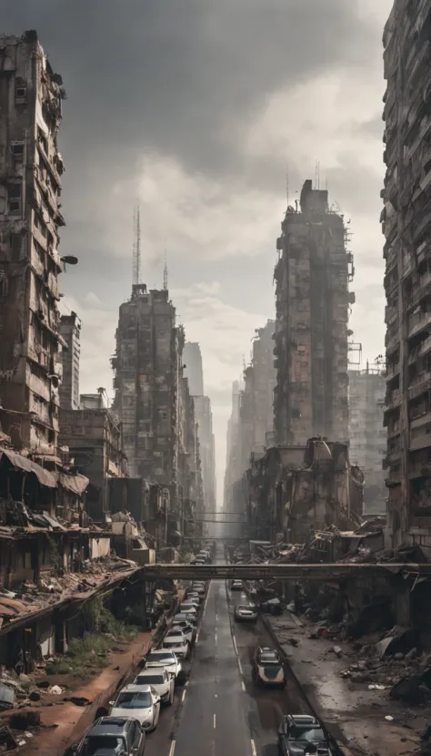 The view from a road, an apocalyptic city with Cyberpunk style.