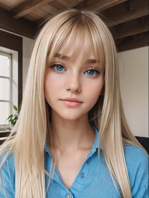 Blond girl with blue eyes and long blond hair posing for a picture - SeaArt  AI