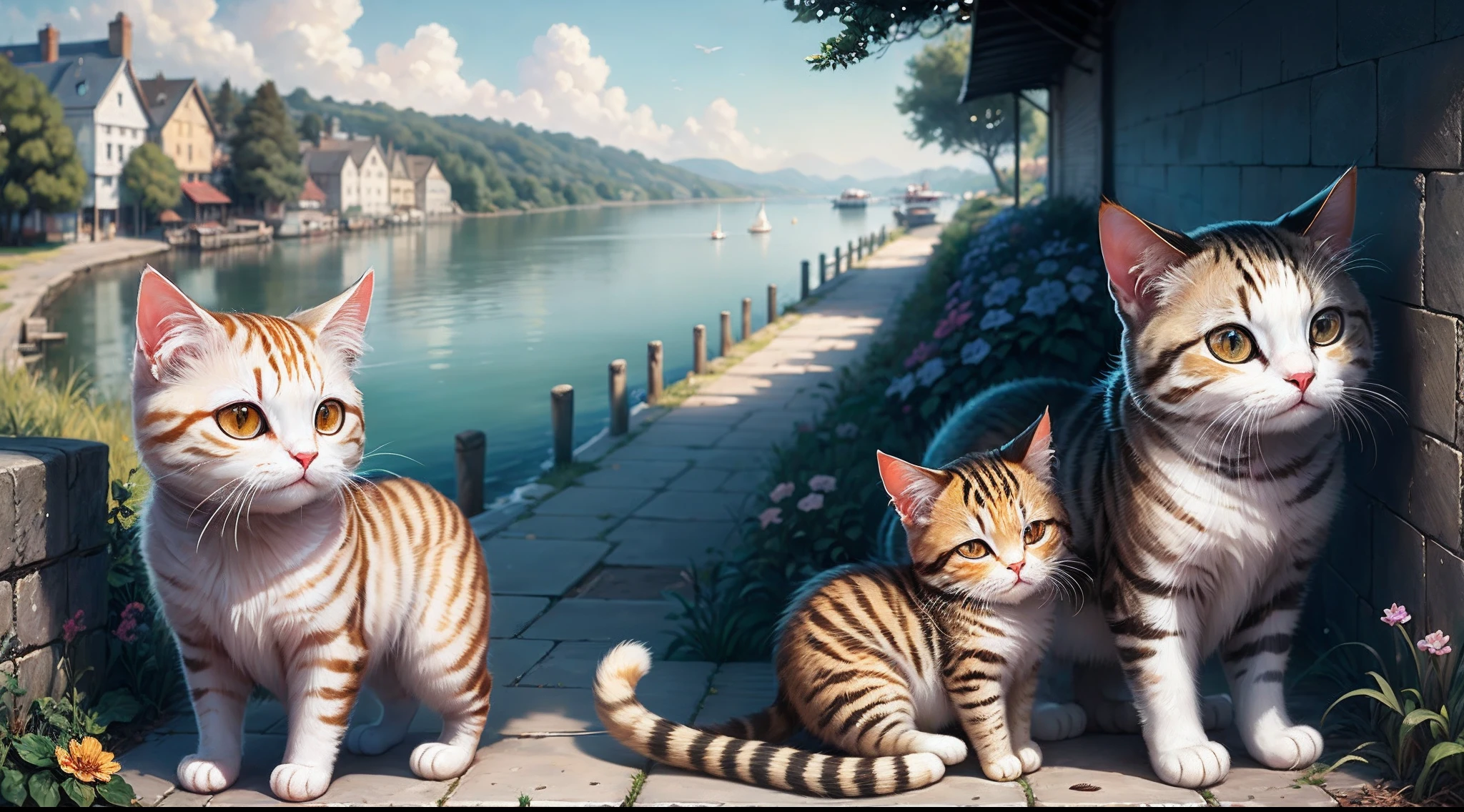​masterpiece, top-quality, 8K, colourfull, Photorealsitic, HDR, High Detail, wall-paper, 2 cats、White calico cat、Sabatra cat、s asleep, Embankment of the fishing port、Seaside view