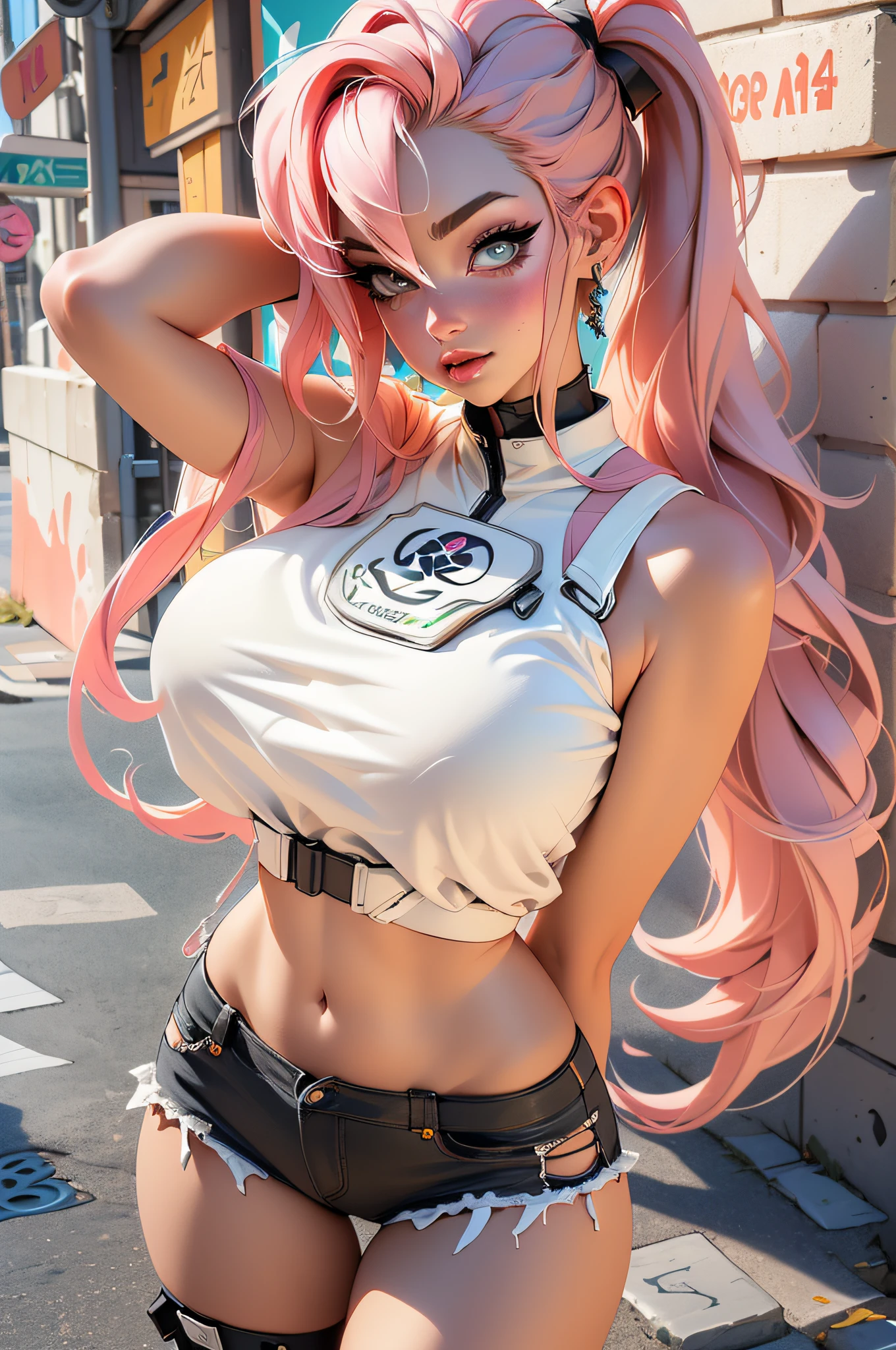 A close up of a woman with pink hair and a white shirt - SeaArt AI