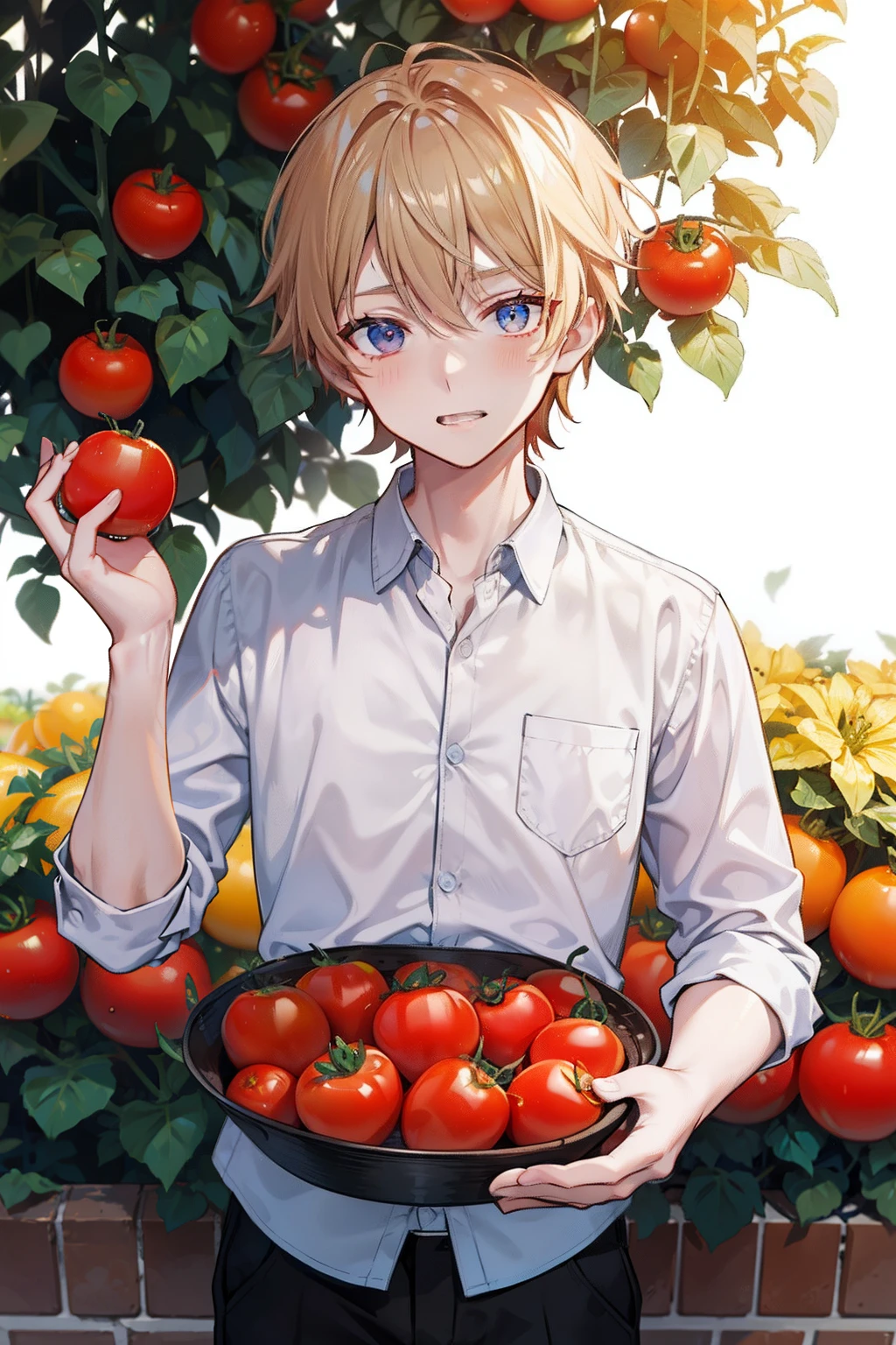 Garoto de anime segurando uma bandeja de tomates na frente de uma árvore -  SeaArt AI