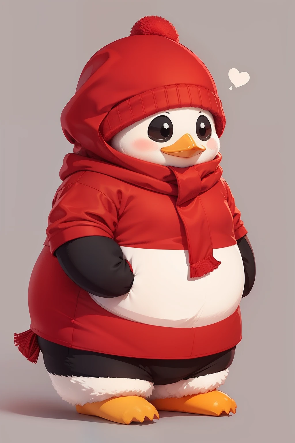 Penguin in a red coat and scarf with a heart above his head - SeaArt AI