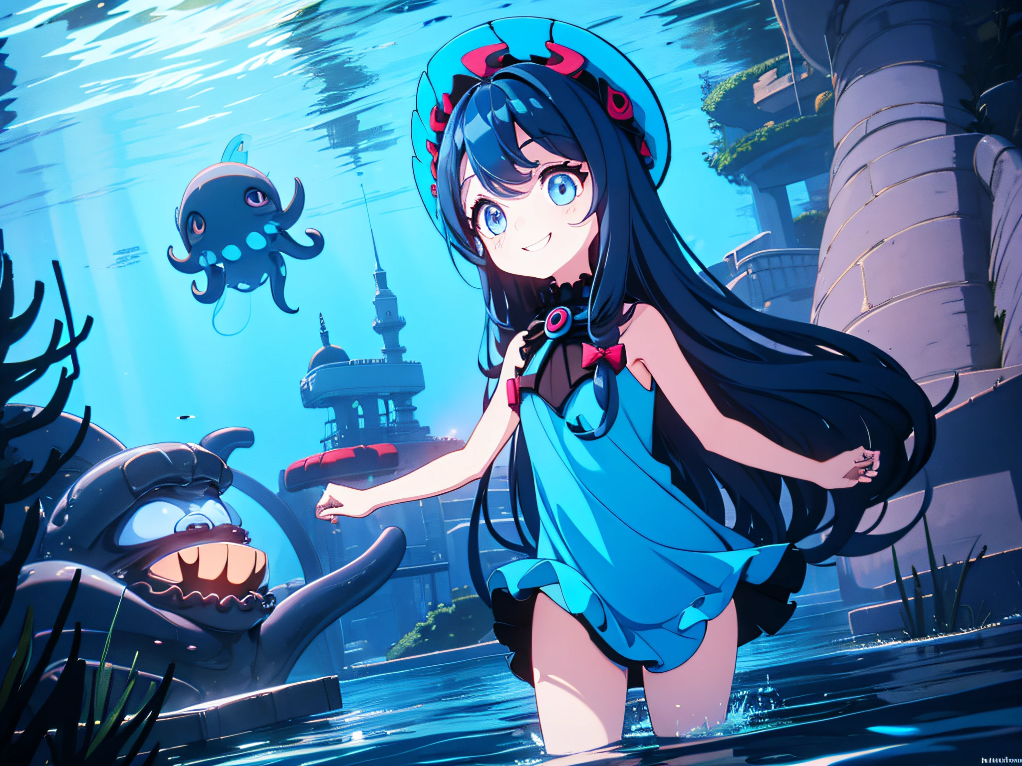 "1girl with long dark blue hair and blue eyes, child, dressed in a blue navy dress shirt, standing outdoors in an undersea environment, accompanied by a big octopus, wearing a smile."