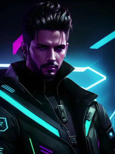 um close up de um homem em um terno futurista com um fundo futurista, cyberpunk hero, neon scales and cyborg tech, em um aliado ...